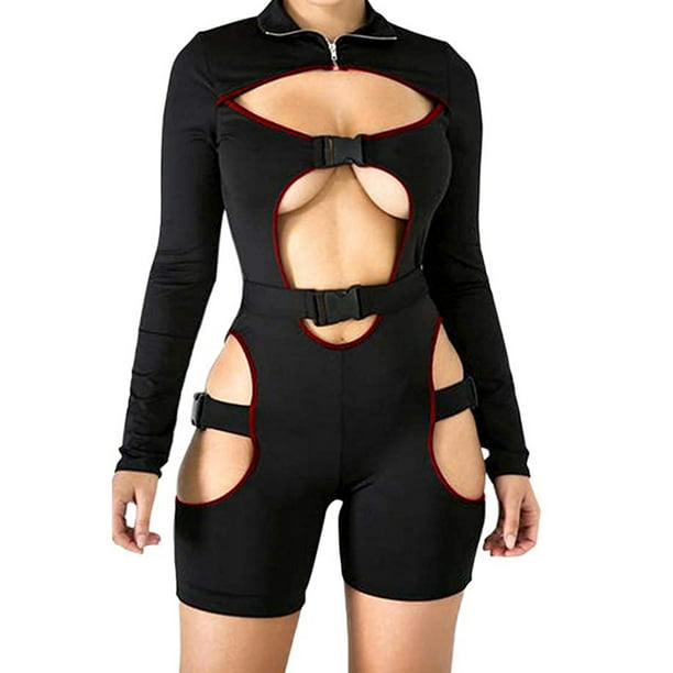 Womens Mock Neck Short Sleeve Zip Up Biker Grid Bodycon Jumpsuit Rompers 